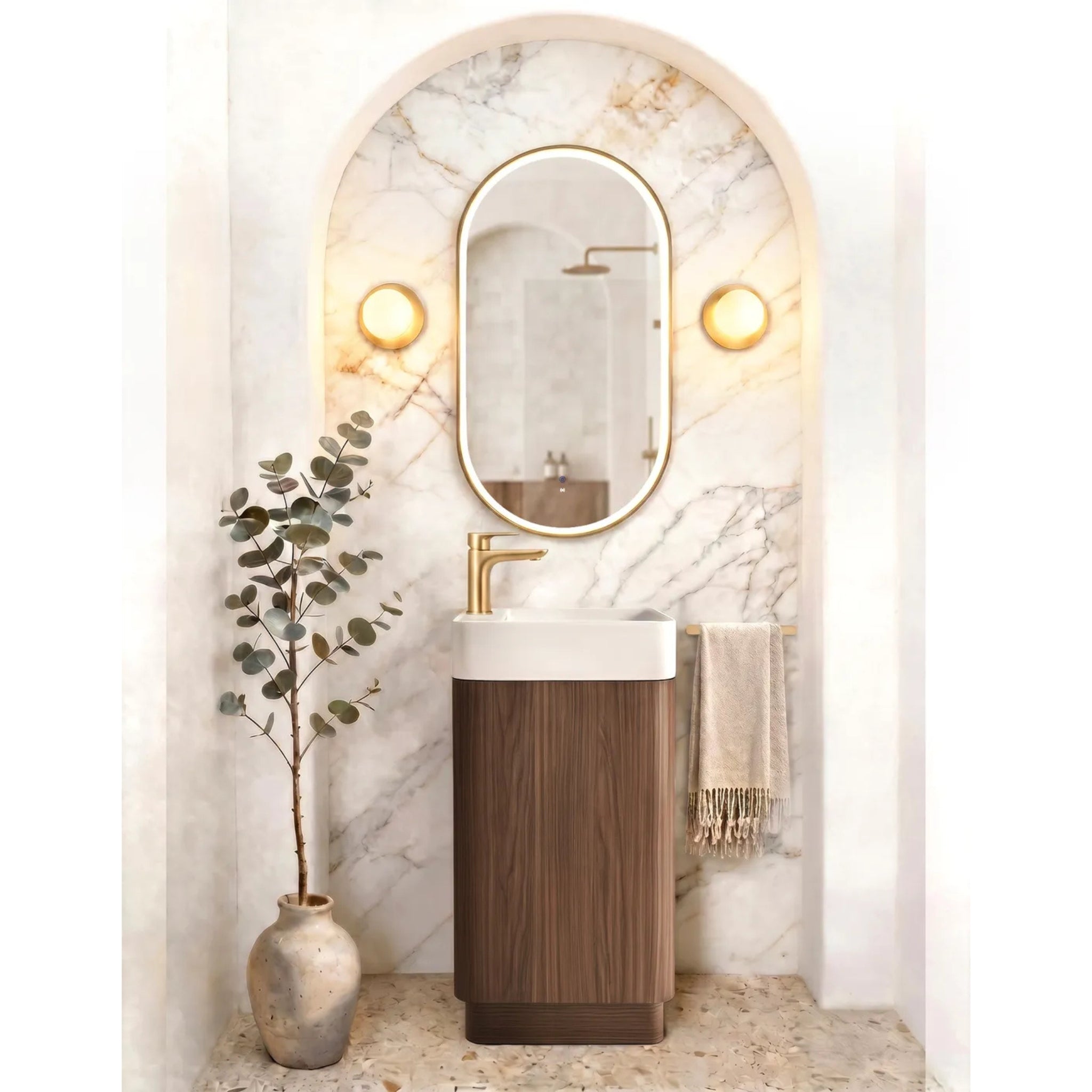 OTTI MAXI SABLE WALNUT CURVED 450MM SPACE SAVING SINGLE BOWL FLOOR STANDING VANITY