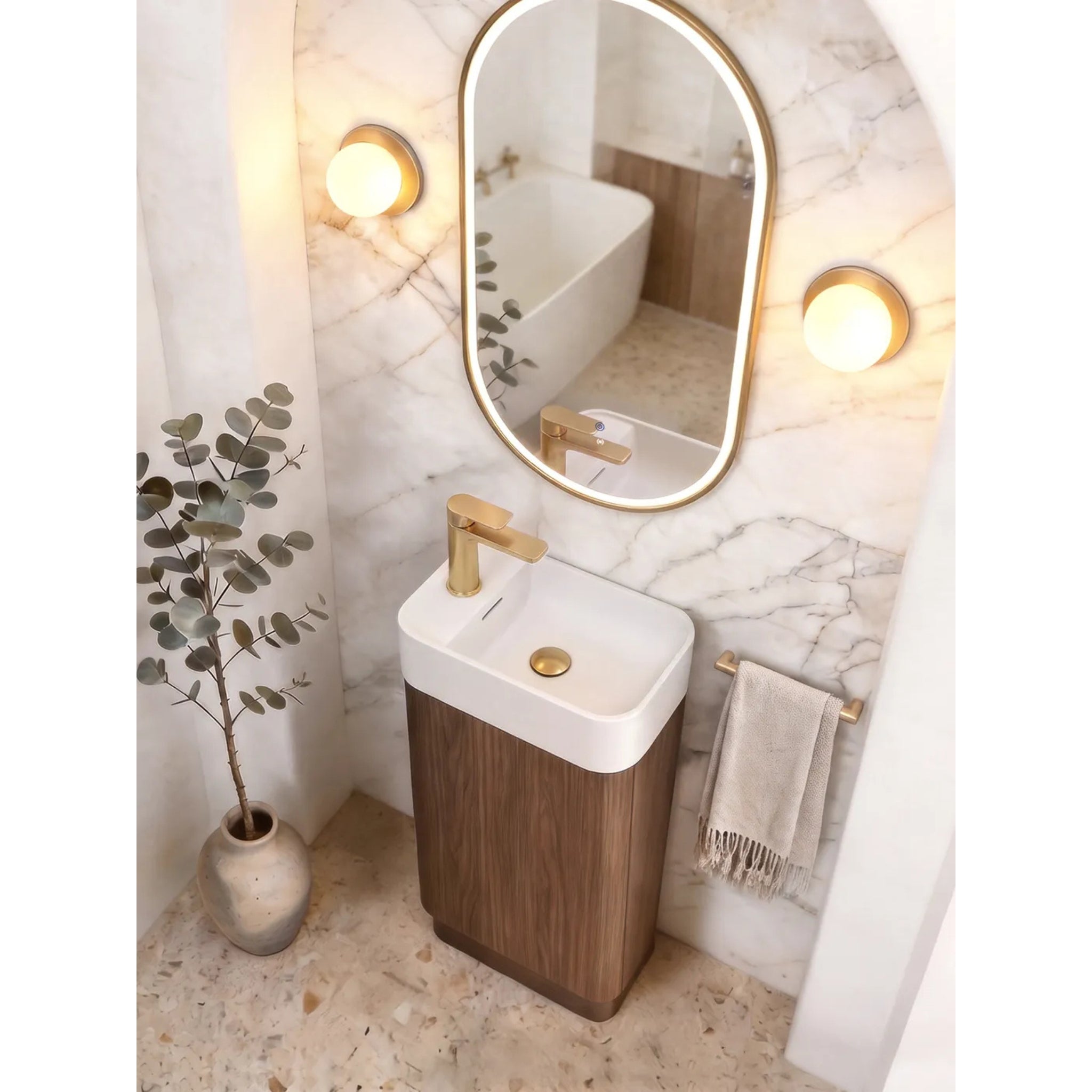 OTTI MAXI SABLE WALNUT CURVED 450MM SPACE SAVING SINGLE BOWL FLOOR STANDING VANITY