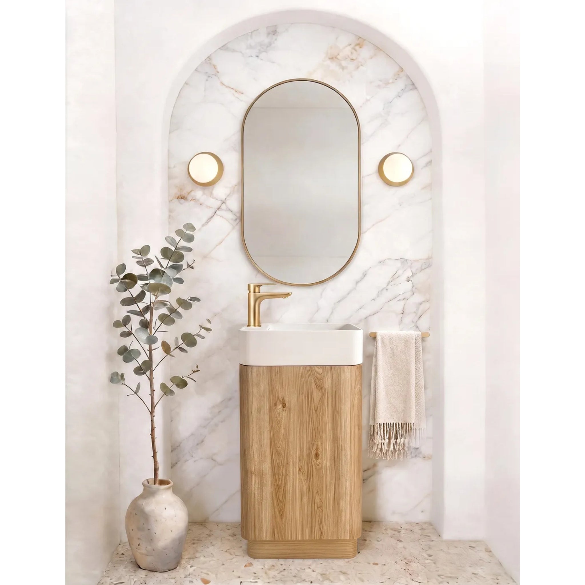 OTTI MAXI WOODLAND OAK CURVED 450MM SPACE SAVING SINGLE BOWL FLOOR STANDING VANITY