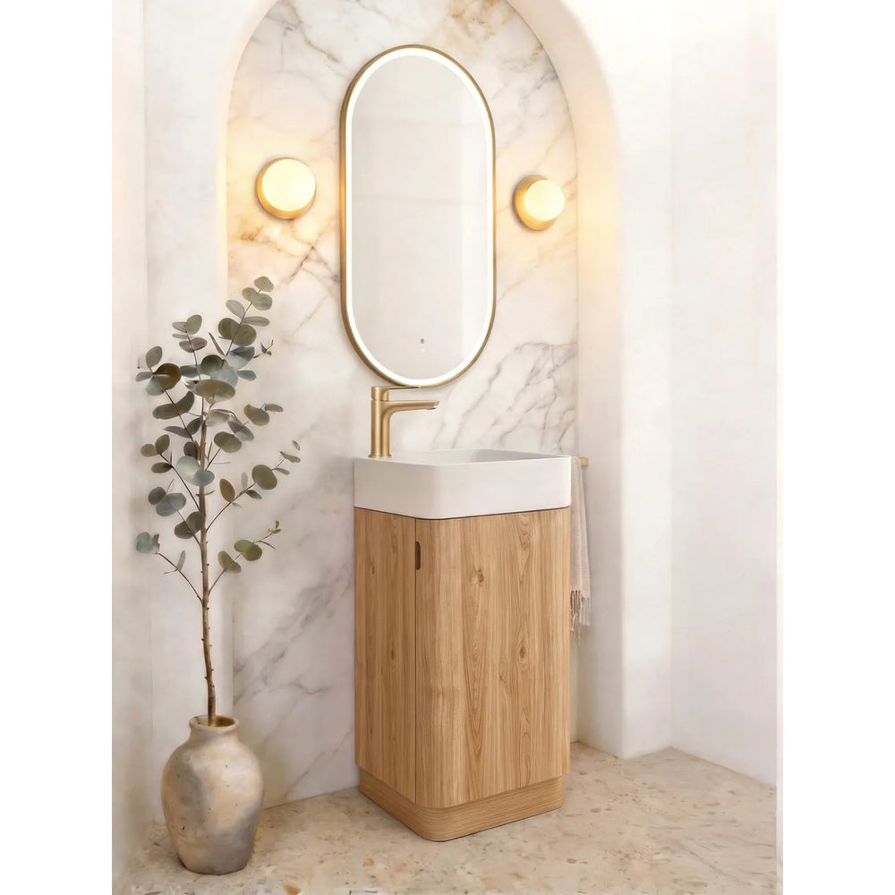 OTTI MAXI WOODLAND OAK CURVED 450MM SPACE SAVING SINGLE BOWL FLOOR STANDING VANITY
