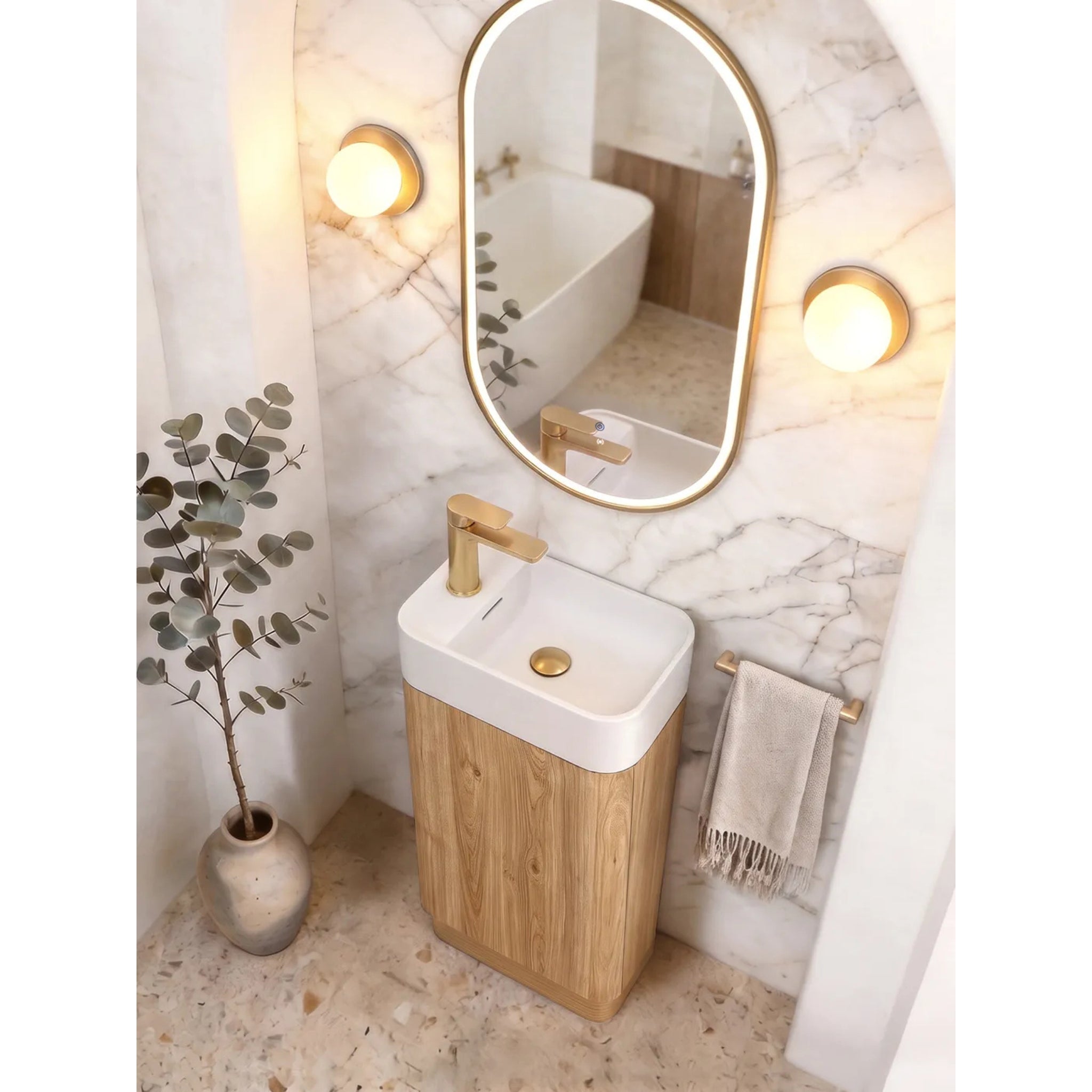 OTTI MAXI WOODLAND OAK CURVED 450MM SPACE SAVING SINGLE BOWL FLOOR STANDING VANITY