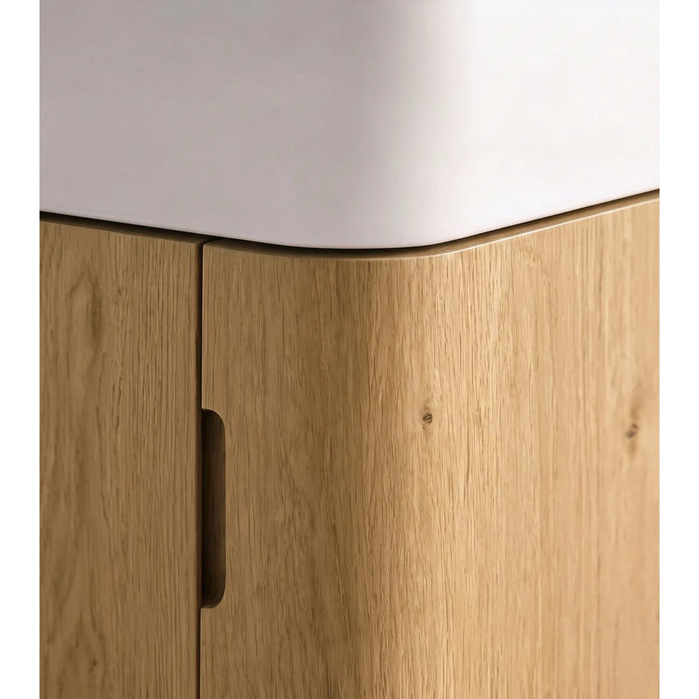 OTTI MAXI WOODLAND OAK CURVED 450MM SPACE SAVING SINGLE BOWL FLOOR STANDING VANITY