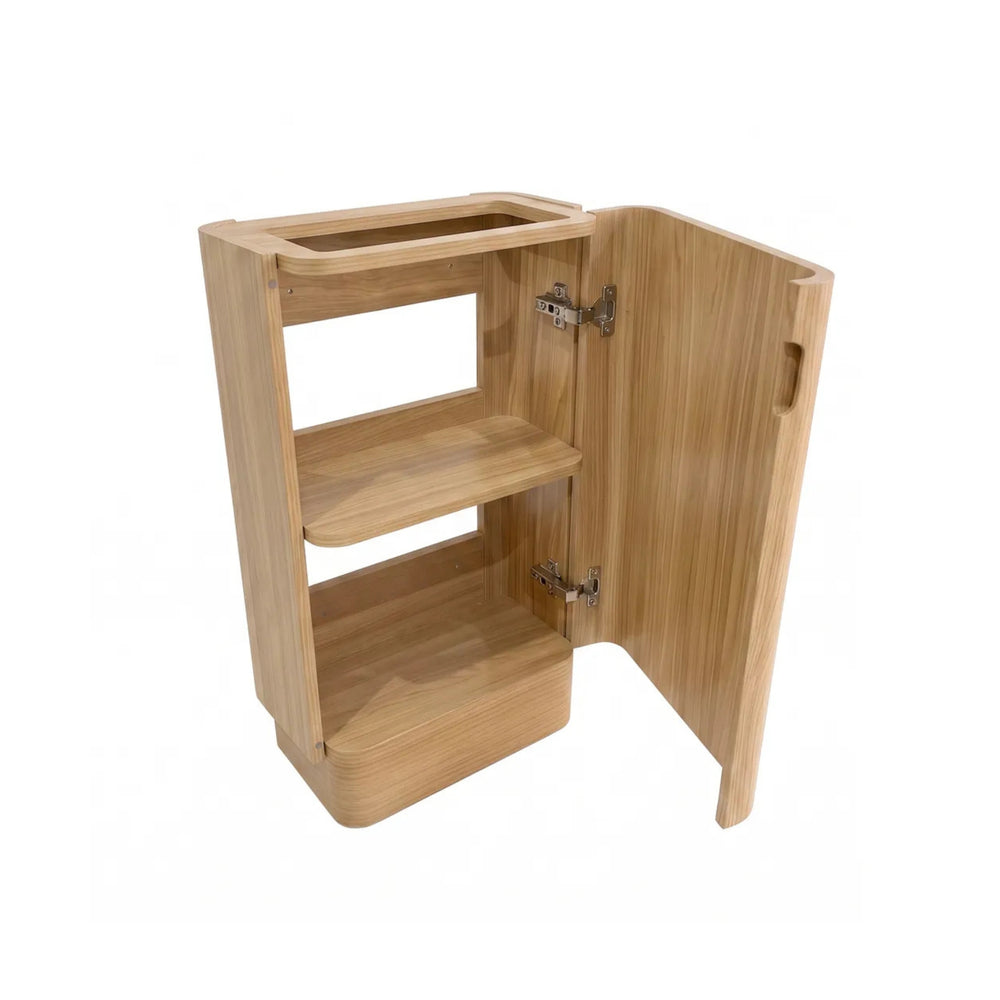 OTTI MAXI WOODLAND OAK CURVED 450MM SPACE SAVING SINGLE BOWL FLOOR STANDING VANITY