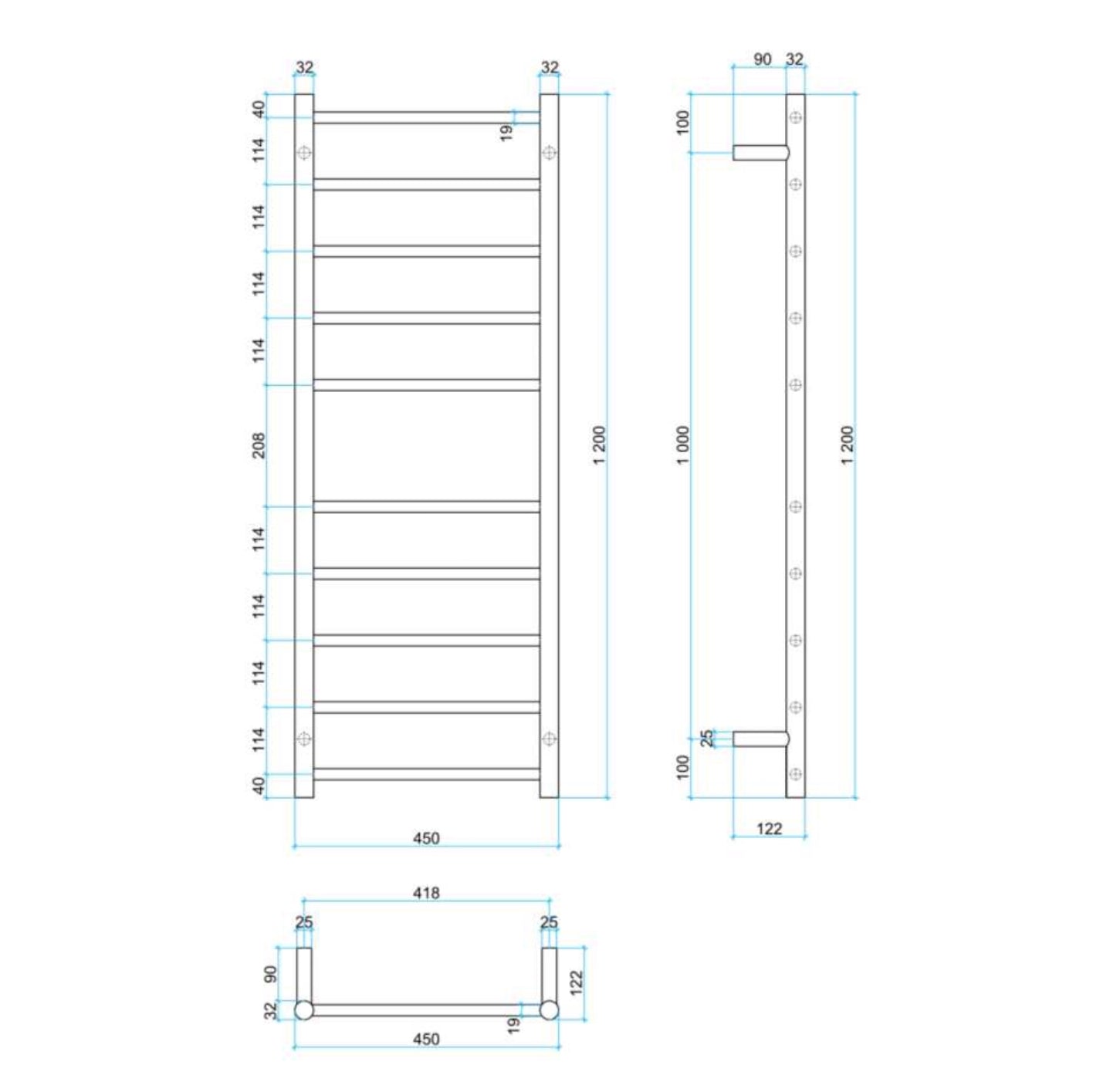 THERMOGROUP ROUND LADDER HEATED TOWEL RAIL MATTE BLACK 450MM