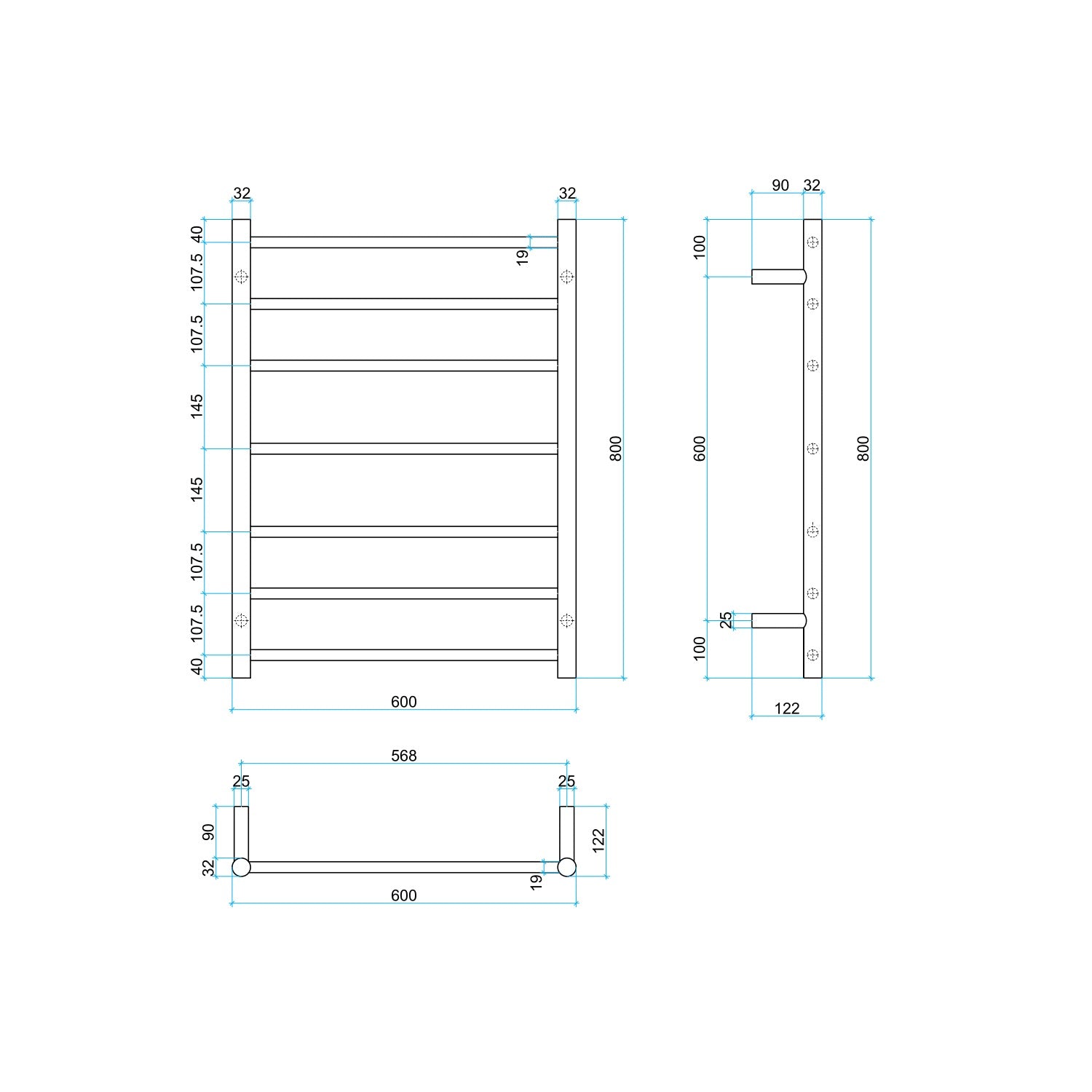 THERMOGROUP ROUND LADDER HEATED TOWEL RAIL STAINLESS STEEL 800MM