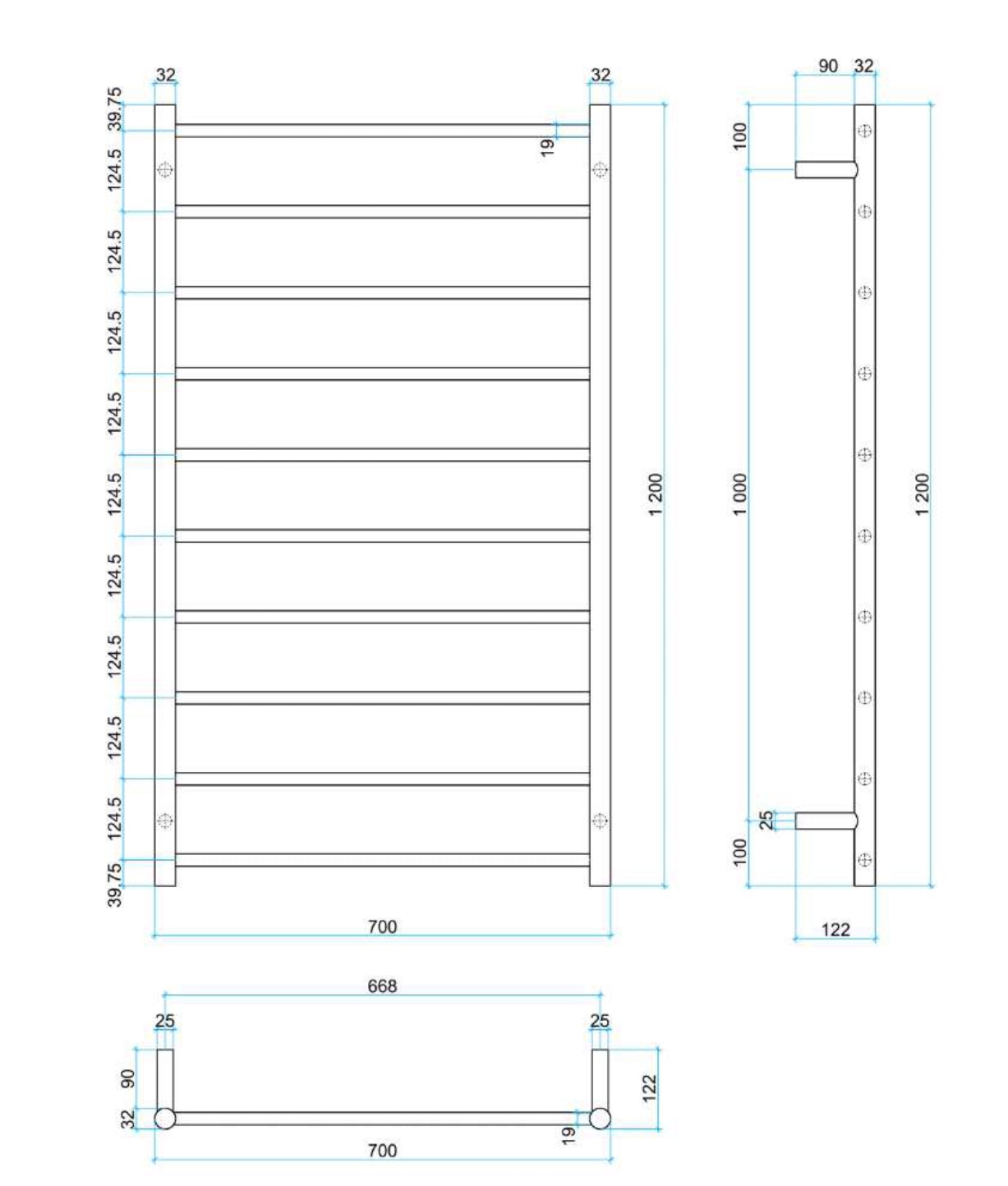 THERMOGROUP STRAIGHT ROUND HEATED LADDER RAIL MATTE BLACK 1200MM