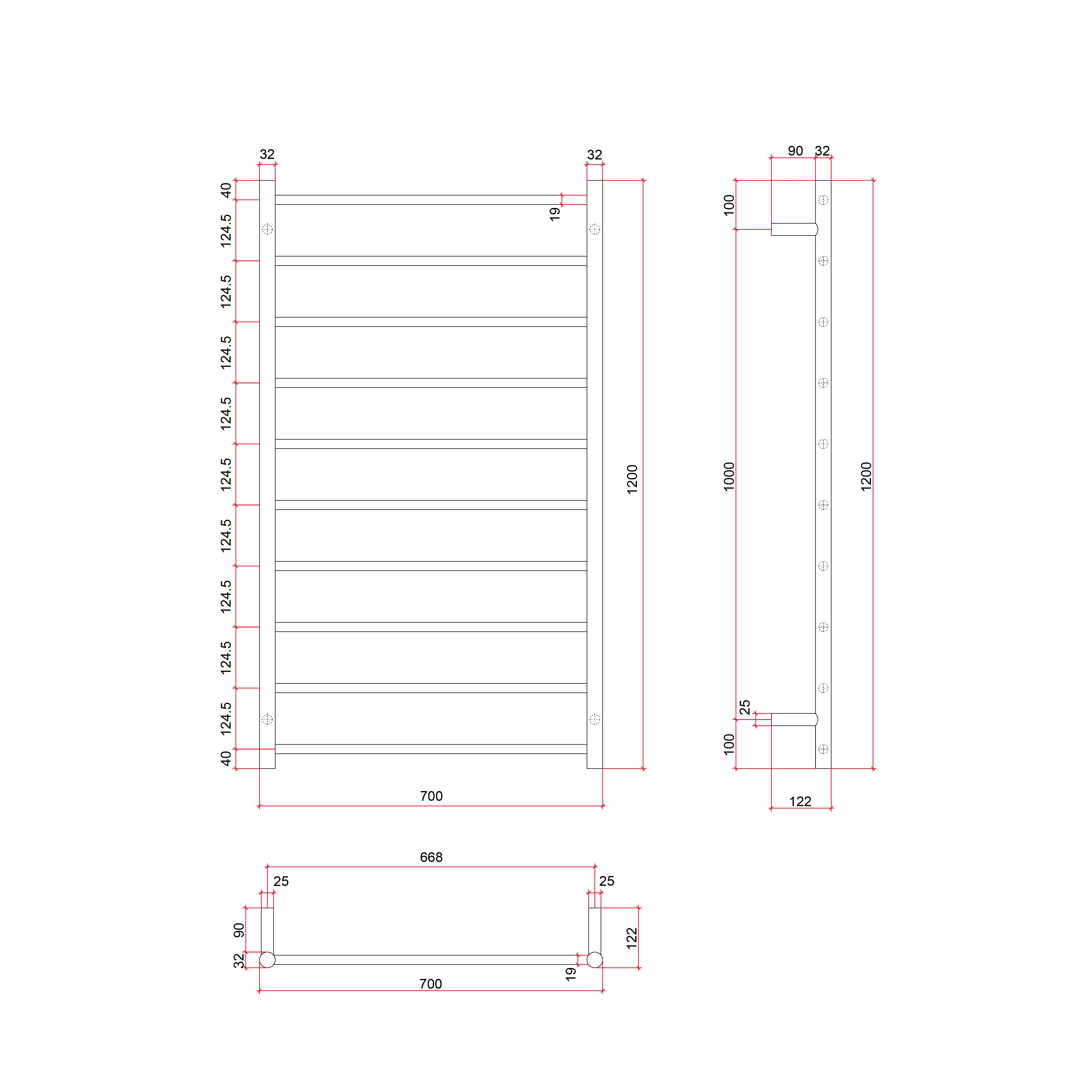 THERMOGROUP STRAIGHT ROUND HEATED LADDER RAIL BRUSHED BRASS 700MM
