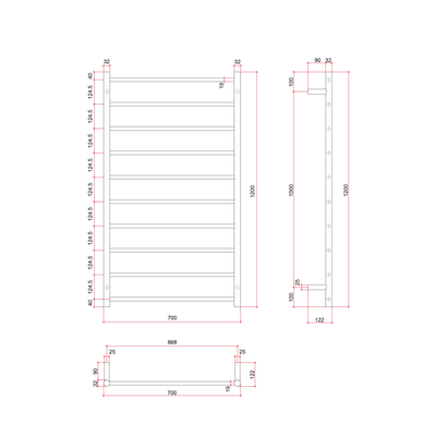 THERMOGROUP STRAIGHT ROUND HEATED LADDER RAIL BRUSHED NICKEL 700MM