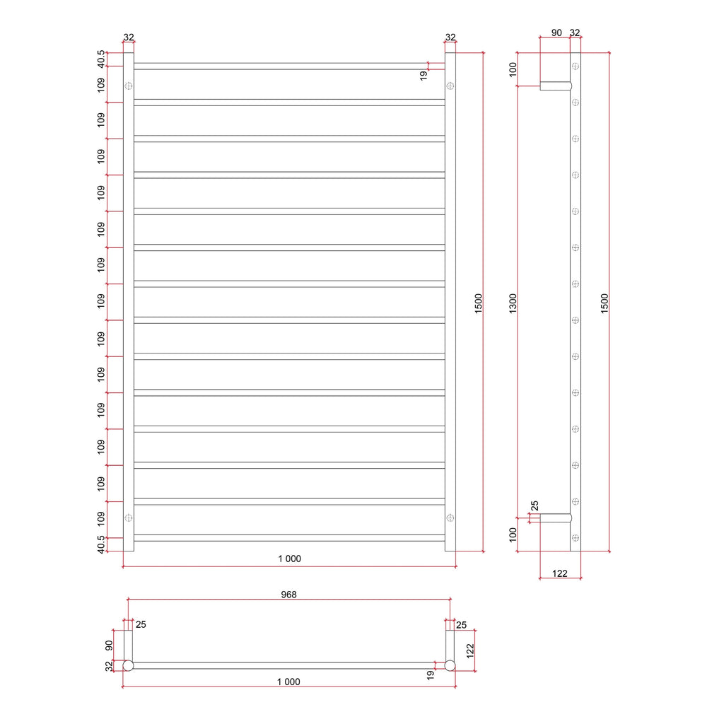 THERMOGROUP STRAIGHT ROUND LADDER HEATED TOWEL RAIL STAINLESS STEEL 1500MM