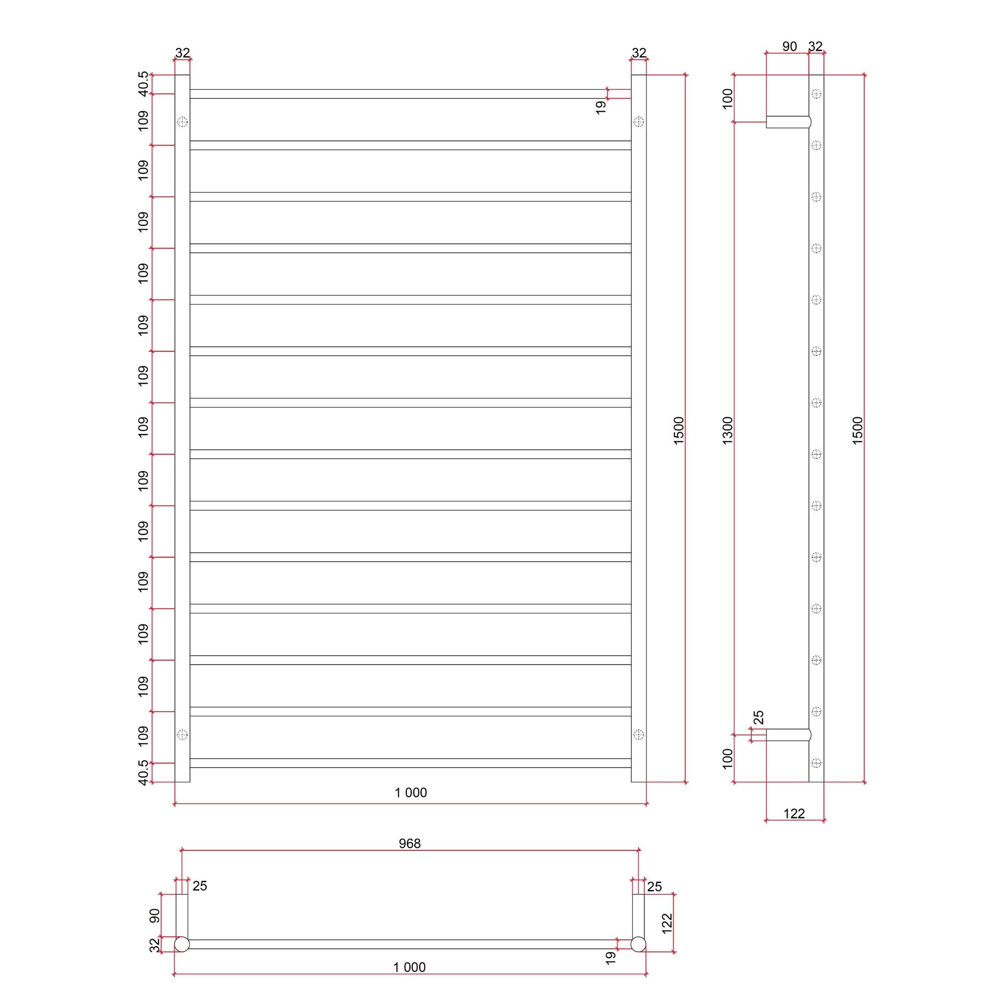 THERMOGROUP STRAIGHT ROUND LADDER HEATED TOWEL RAIL STAINLESS STEEL 1500MM