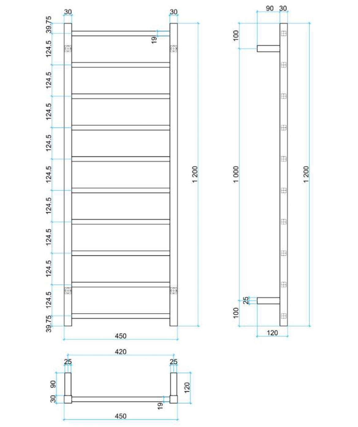 THERMOGROUP STRAIGHT SQUARE LADDER HEATED TOWEL RAIL 1200MM