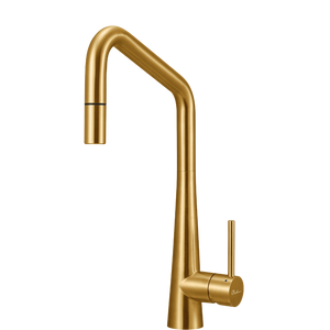 OLIVERI ESSENTE SQUARE GOOSE NECK PULL OUT KITCHEN MIXER 424MM BRUSHED GOLD