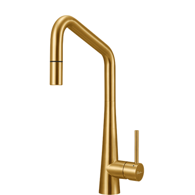 OLIVERI ESSENTE SQUARE GOOSE NECK PULL OUT KITCHEN MIXER 424MM BRUSHED GOLD