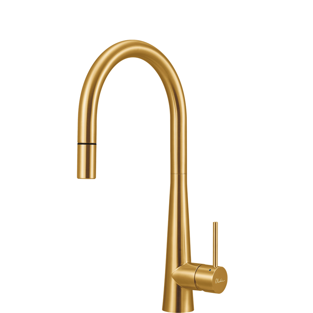 OLIVERI ESSENTE 316 GOOSE NECK PULL OUT KITCHEN MIXER 443MM BRUSHED GOLD