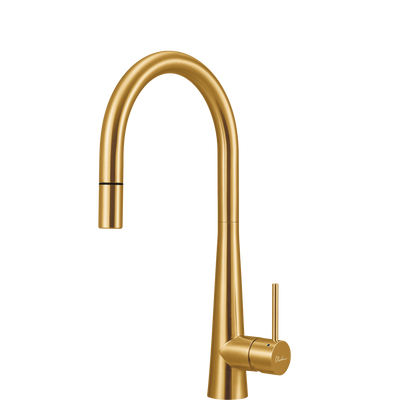 OLIVERI ESSENTE 316 LEAD FREE GOOSE NECK PULL OUT KITCHEN MIXER 443MM BRUSHED GOLD