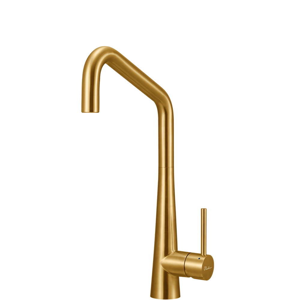 OLIVERI ESSENTE 316 SQUARE GOOSE NECK KITCHEN MIXER 443MM BRUSHED GOLD