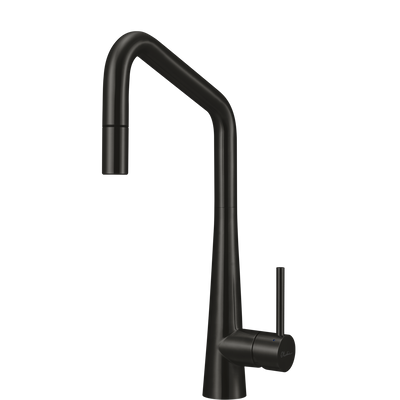 OLIVERI ESSENTE 316 LEAD FREE SQUARE GOOSE NECK PULL OUT KITCHEN MIXER 424MM BRUSHED BLACK