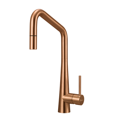 OLIVERI ESSENTE 316 LEAD FREE SQUARE GOOSE NECK PULL OUT KITCHEN MIXER 424MM COPPER