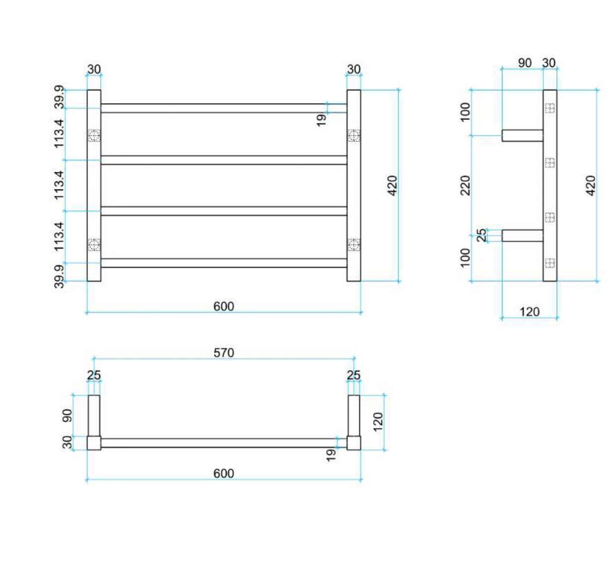 THERMOGROUP STRAIGHT SQUARE LADDER HEATED TOWEL RAIL 600MM