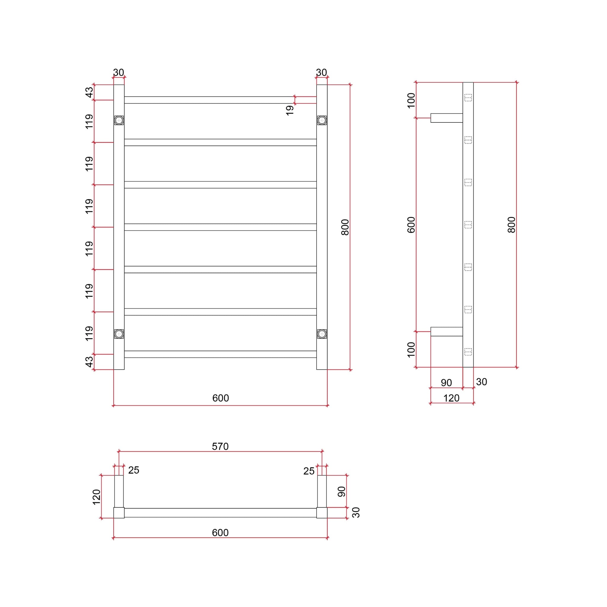 THERMOGROUP 7-BAR SQUARE LADDER HEATED TOWEL RAIL POLISHED STAINLESS STEEL 600MM