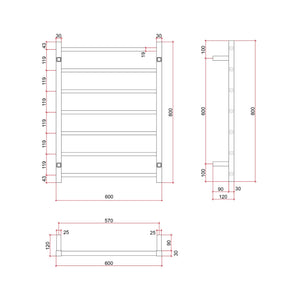 THERMOGROUP 7-BAR SQUARE LADDER HEATED TOWEL RAIL POLISHED STAINLESS STEEL 600MM