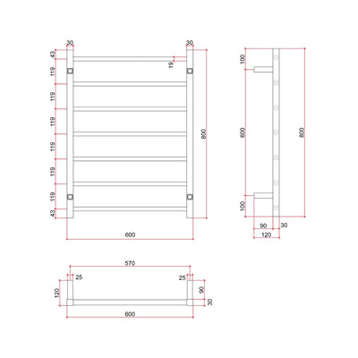 THERMOGROUP 7-BAR SQUARE LADDER HEATED TOWEL RAIL POLISHED STAINLESS STEEL 600MM