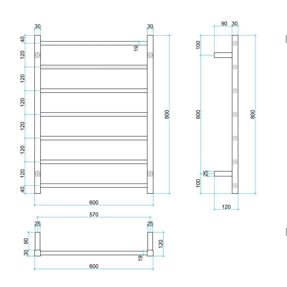 THERMOGROUP STRAIGHT SQUARE LADDER HEATED TOWEL RAIL 800MM