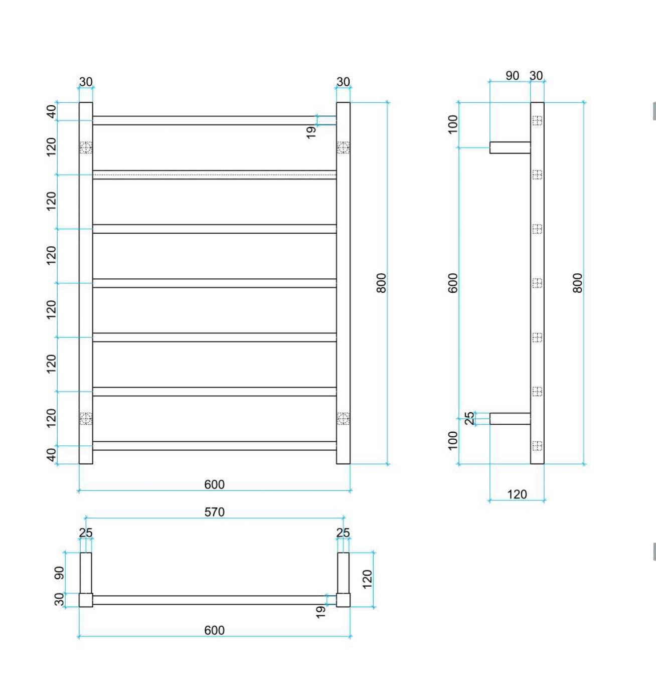 THERMOGROUP STRAIGHT SQUARE LADDER HEATED TOWEL RAIL 800MM