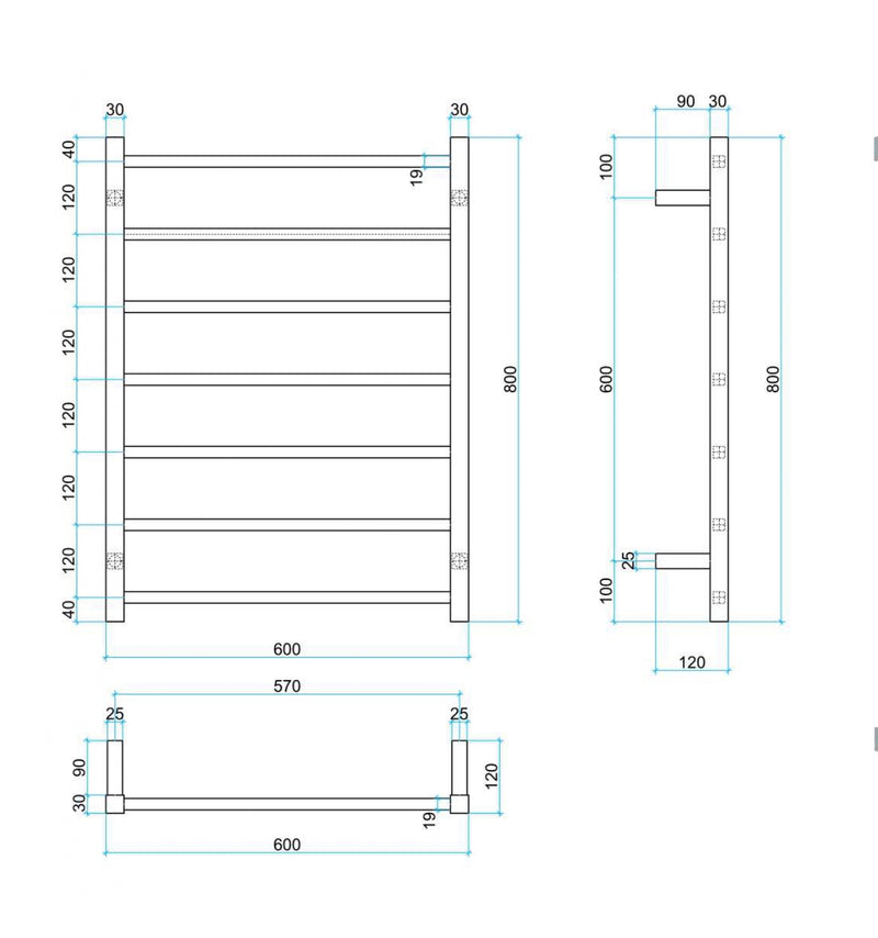 THERMOGROUP SS44M STRAIGHT SQUARE LADDER HEATED TOWEL RAIL 800MM