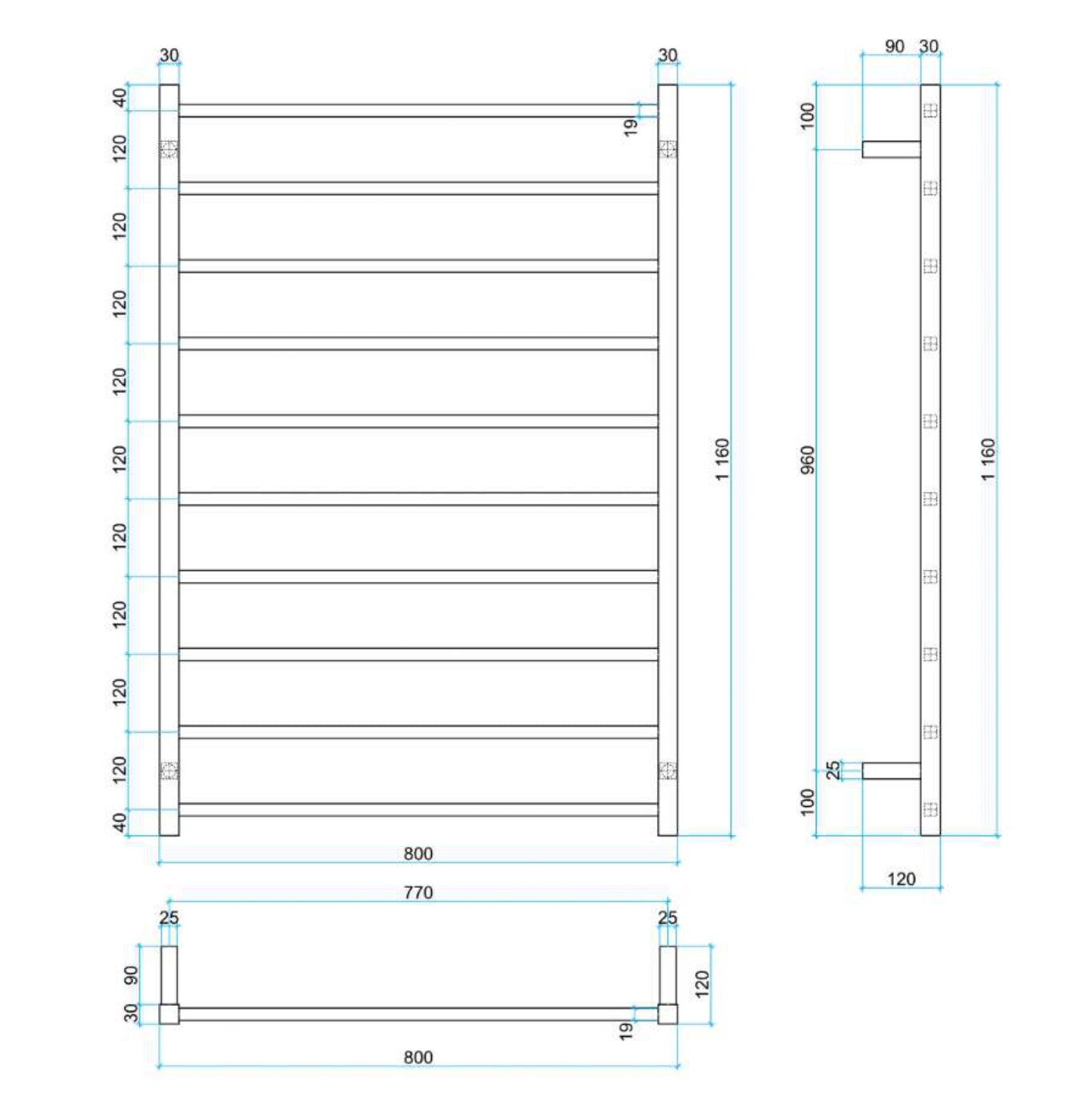 THERMOGROUP SQUARE LADDER HEATED TOWEL RAIL MATTE BLACK 1160MM