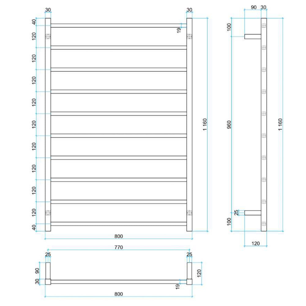 THERMOGROUP STRAIGHT SQUARE LADDER HEATED TOWEL RAIL 1160MM