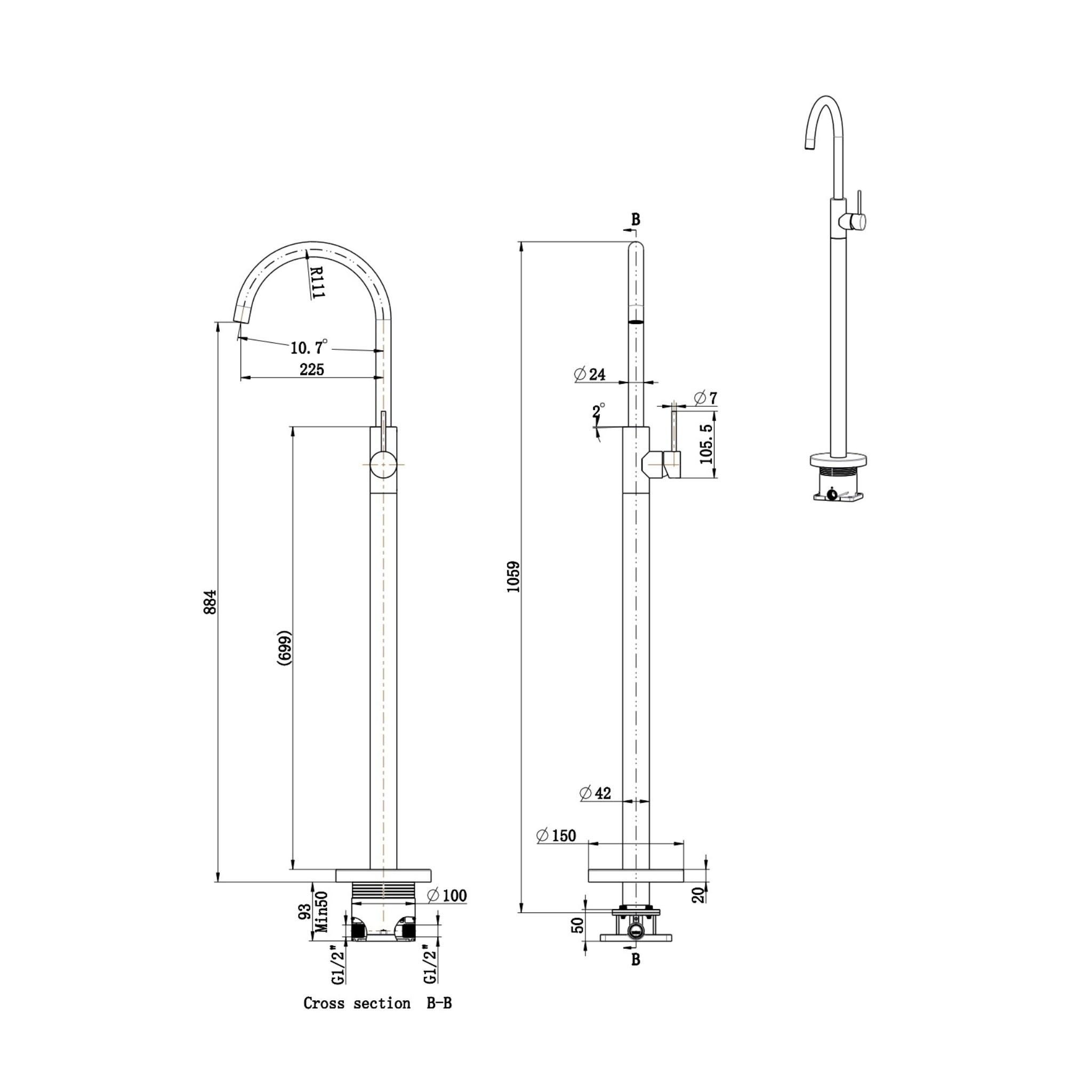 IKON OTUS SLIMLINE FREESTANDING BATH MIXER 1059MM STAINLESS STEEL
