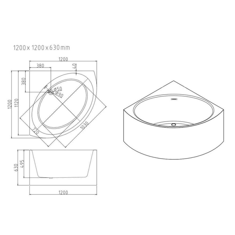 MERCIO STANFORD TRIANGLE CORNER BATHTUB GLOSS WHITE 1200MM