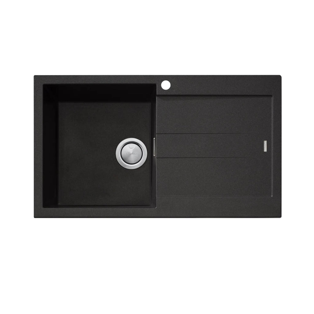 OLIVERI SANTORINI SINGLE BOWL TOPMOUNT ALFRESCO AND KITCHEN SINK WITH OVERFLOW & RIGHT DRAINER BLACK 860MM