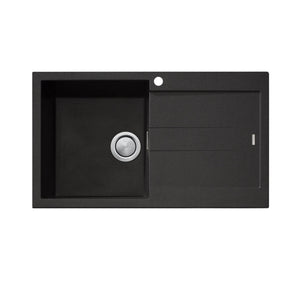 OLIVERI SANTORINI SINGLE BOWL TOPMOUNT ALFRESCO AND KITCHEN SINK WITH OVERFLOW & RIGHT DRAINER BLACK 860MM