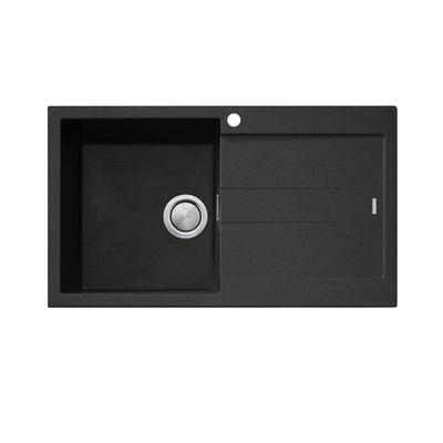 OLIVERI SANTORINI SINGLE BOWL TOPMOUNT ALFRESCO AND KITCHEN SINK WITH OVERFLOW & RIGHT DRAINER BLACK 860MM