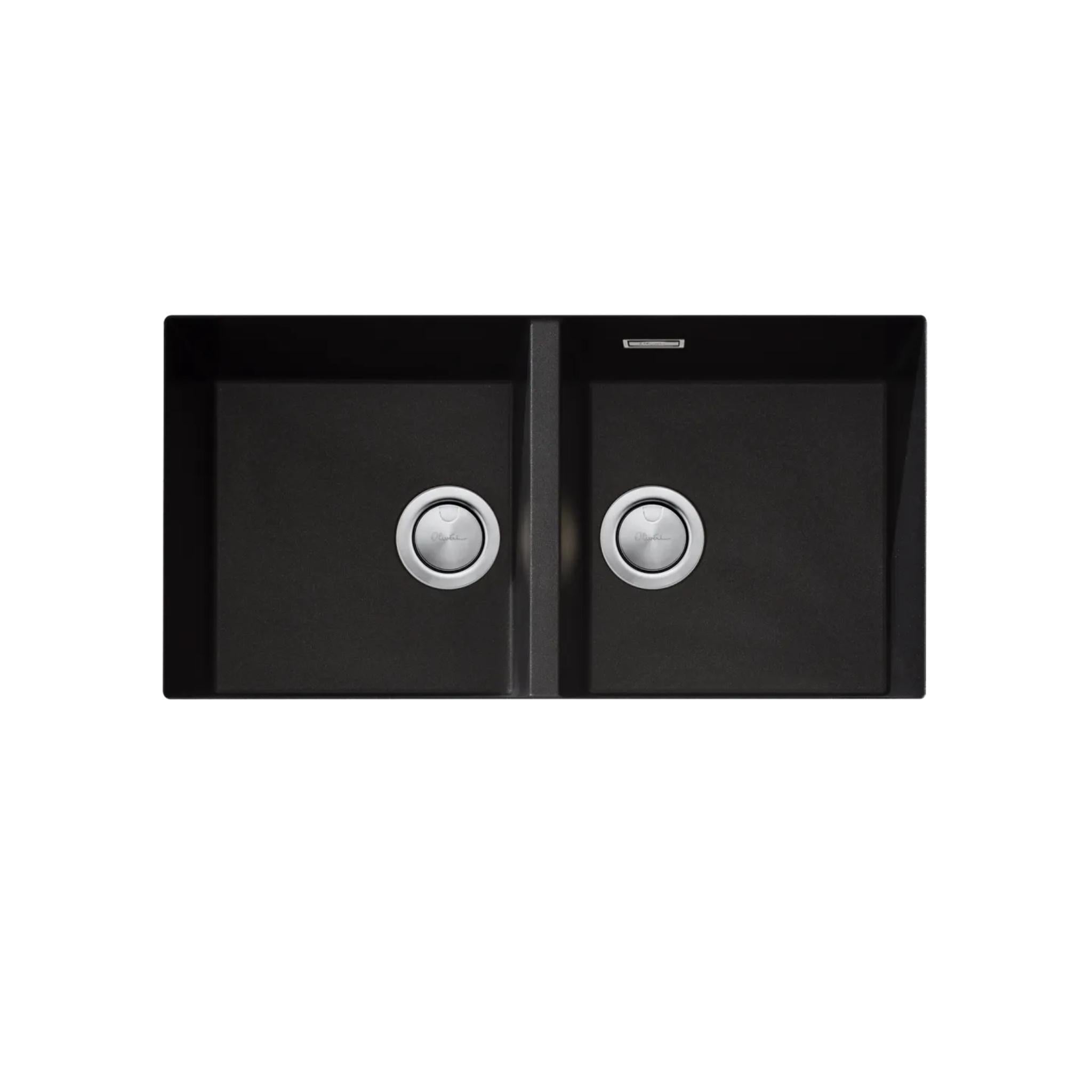 OLIVERI SANTORINI DOUBLE BOWL UNDERMOUNT KITCHEN SINK WITH OVERFLOW BLACK 860MM