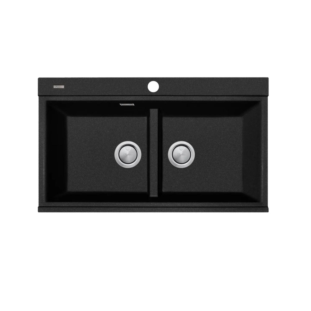 OLIVERI SANTORINI DOUBLE BOWL TOPMOUNT ALFRESCO AND KITCHEN SINK WITH GLASS TOP BLACK 860MM