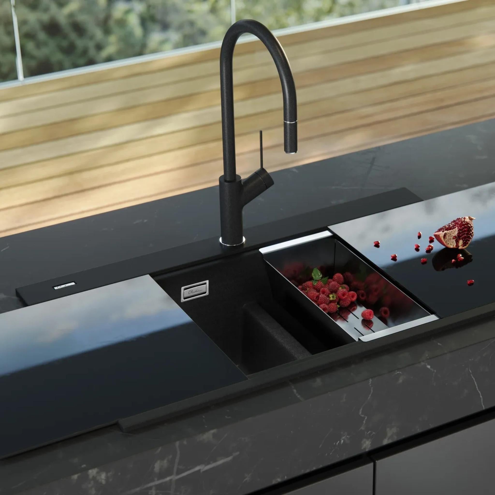 OLIVERI SANTORINI DOUBLE BOWL TOPMOUNT ALFRESCO AND KITCHEN SINK WITH GLASS TOP BLACK 860MM