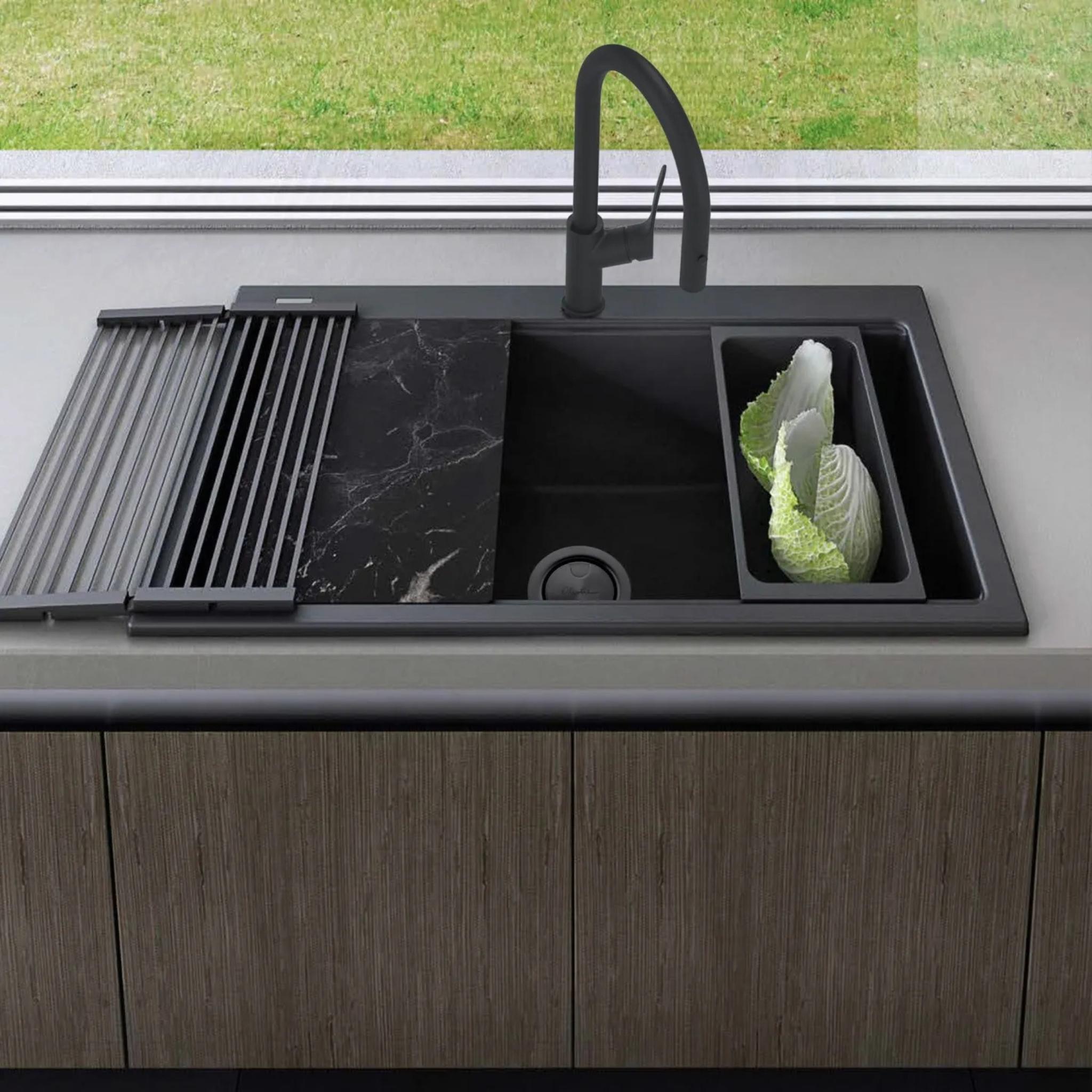 OLIVERI SANTORINI SINGLE BOWL TOPMOUNT WORKSTATION KITCHEN SINK WITH OVERFLOW BLACK 860MM