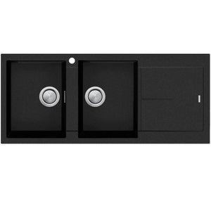 OLIVERI SANTORINI DOUBLE BOWL TOPMOUNT ALFRESCO AND KITCHEN SINK WITH OVERFLOW & RIGHT DRAINER MATTE BLACK 1160MM
