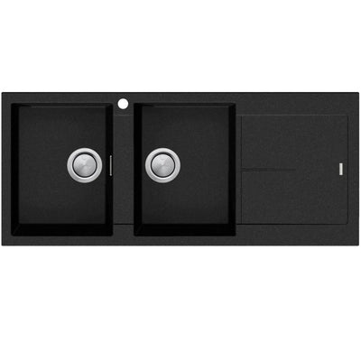 OLIVERI SANTORINI DOUBLE BOWL TOPMOUNT ALFRESCO AND KITCHEN SINK WITH OVERFLOW & RIGHT DRAINER MATTE BLACK 1160MM