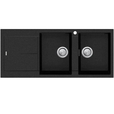 OLIVERI SANTORINI DOUBLE BOWL TOPMOUNT ALFRESCO AND KITCHEN SINK WITH OVERFLOW & LEFT DRAINER MATTE BLACK 1160MM
