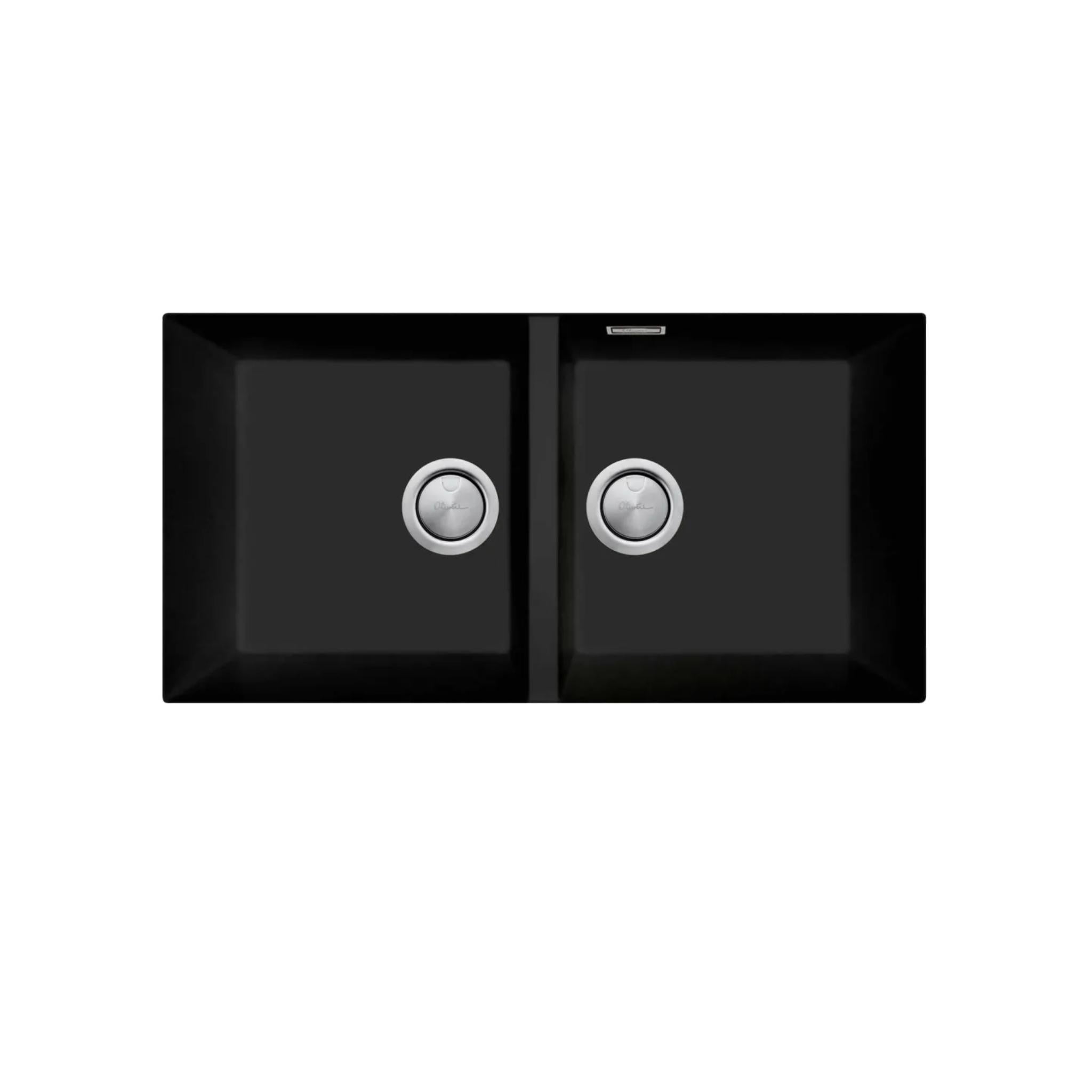 OLIVERI SANTORINI DOUBLE BOWL UNDERMOUNT KITCHEN SINK WITH OVERFLOW MATTE BLACK 860MM
