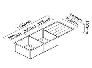 SCHOCK LUGANO DOUBLE BOWL KITCHEN SINK WITH DRAINER STAINLESS STEEL 1160MM