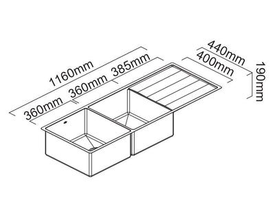 SCHOCK LUGANO DOUBLE BOWL KITCHEN SINK WITH DRAINER STAINLESS STEEL 1160MM