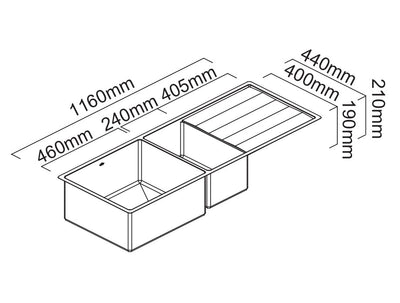 SCHOCK LUGANO 1 & 3/4 DOUBLE BOWL KITCHEN SINK WITH DRAINER STAINLESS STEEL 1160MM