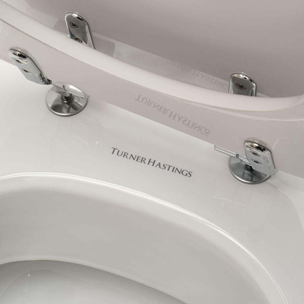 TURNER HASTINGS STAFFORD BACK TO WALL TOILET SUITE GLOSS WHITE WITH CHROME HINGES