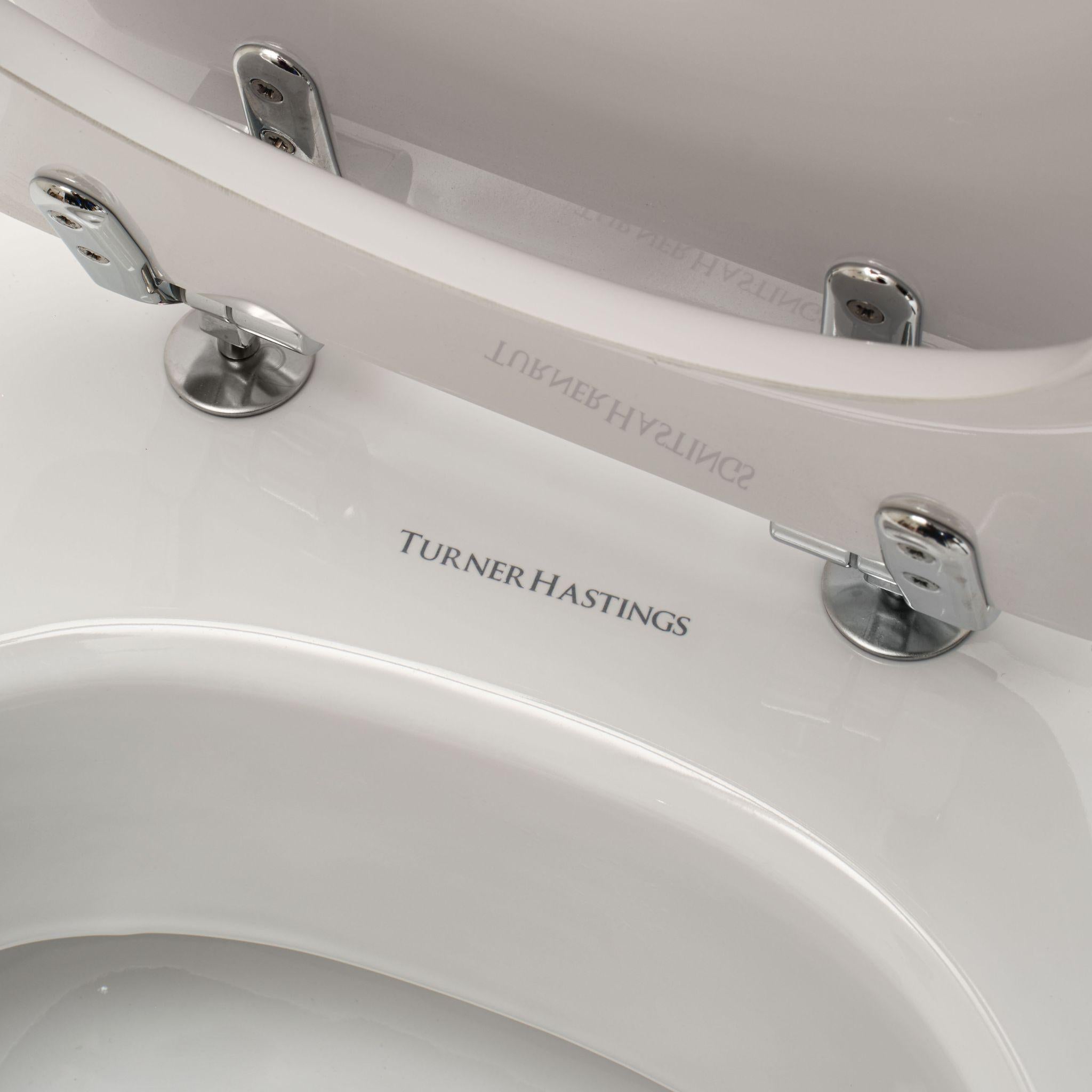 TURNER HASTINGS STAFFORD BACK TO WALL TOILET SUITE GLOSS WHITE WITH CHROME HINGES