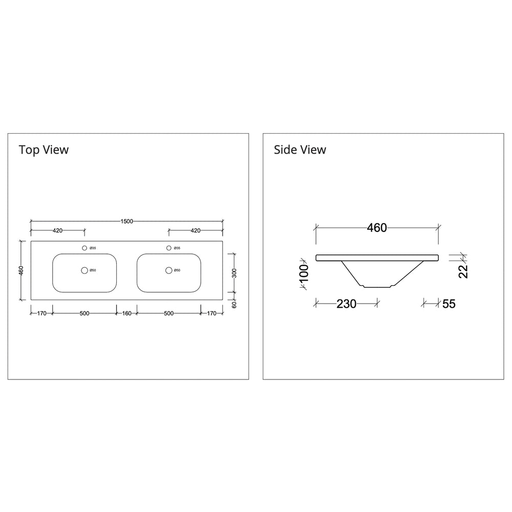 DUROCLASS STADIUM GLOSS WHITE DOUBLE BOWL UNDERMOUNT VANITY TOP (AVAILABLE IN 1500MM AND 1800MM)